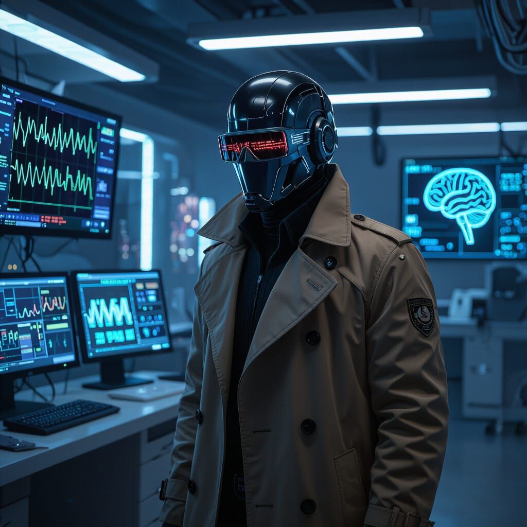 Cyberpunk AI Agent Searches High-Tech Lab