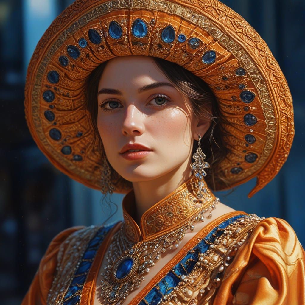 Hyper-Realistic Oil Painting of Woman in Oranges and Blues