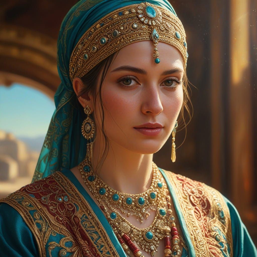 Woman in Oil Painting Style with Golden Light