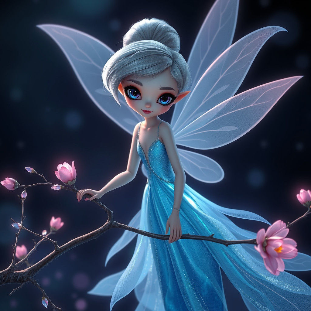 Sapphire-Eyed Fairy in Blue Dress on Flowering Branch