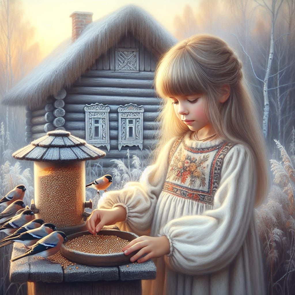 Magical Oil Painting: Girl Feeds Birds in Autumn