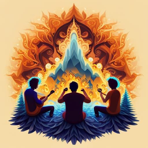 Friends Around Campfire with Guitar: Detailed and Realistic