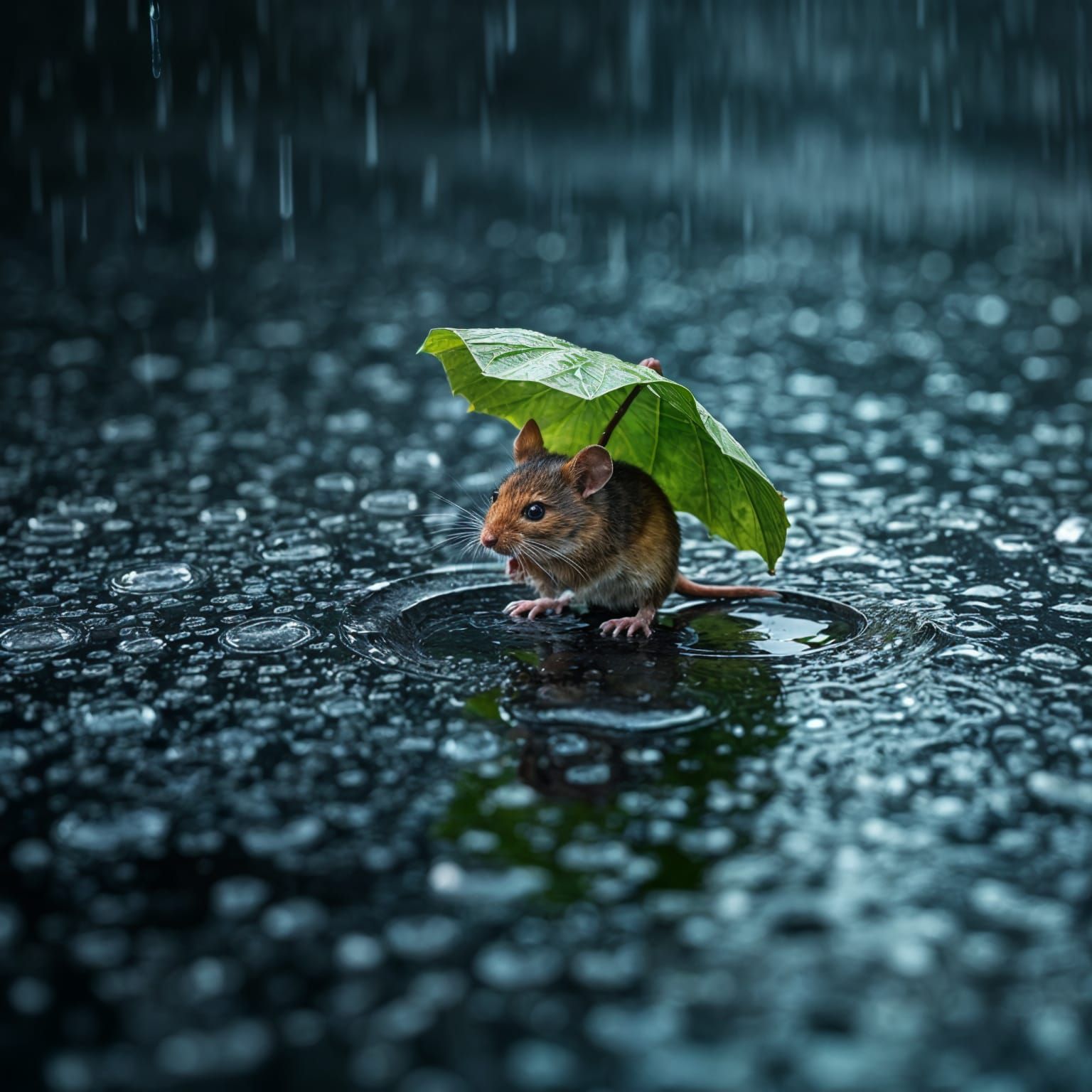 Rainy Day Rodent Finds Refuge Under a Leaf