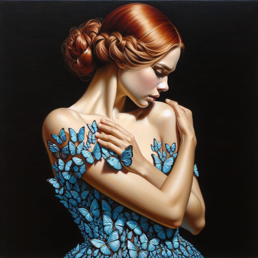 Woman in Elegant Blue Butterfly Gown, Oil Painting in Moody ...