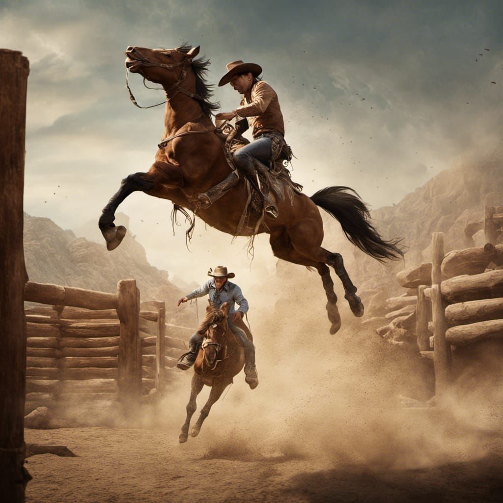 An action-packed scene of a handsome cowboy riding a wild bucking bronco, showcasing his fearlessness and mastery of the...