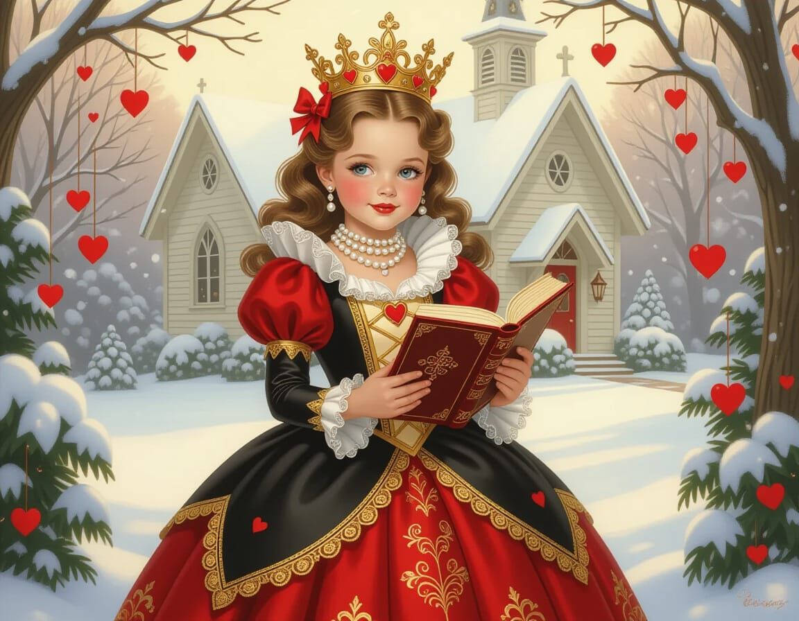 Queen of Hearts Girl with Bible, Painterly Illustration