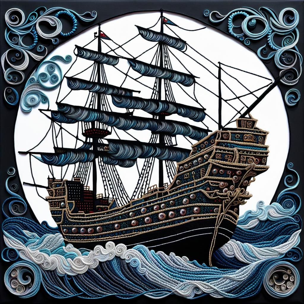 Black Pearl Ship as Embroidery Tapestry Design