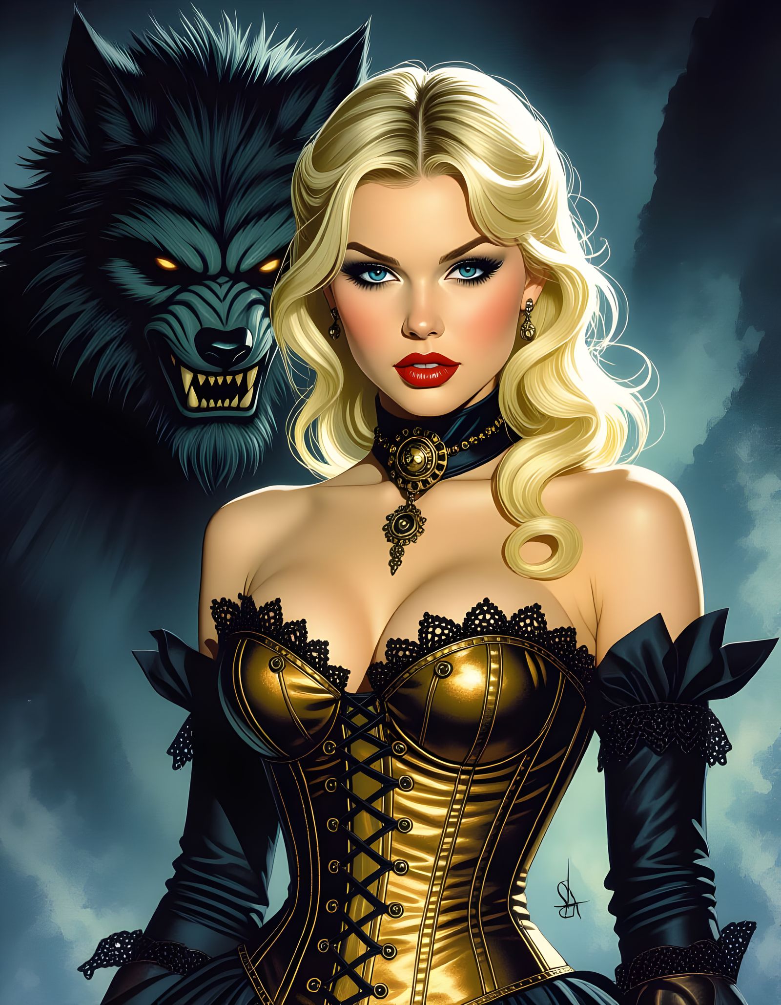 Steampunk Woman and Wolfman in Gothic Horror Style
