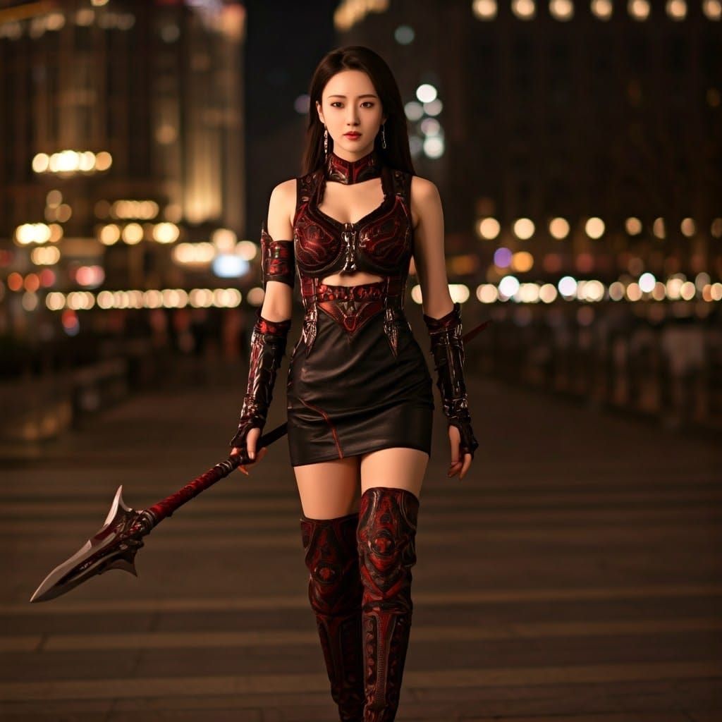 Chinese Warrior Goddess in Shanghai Streets at Night