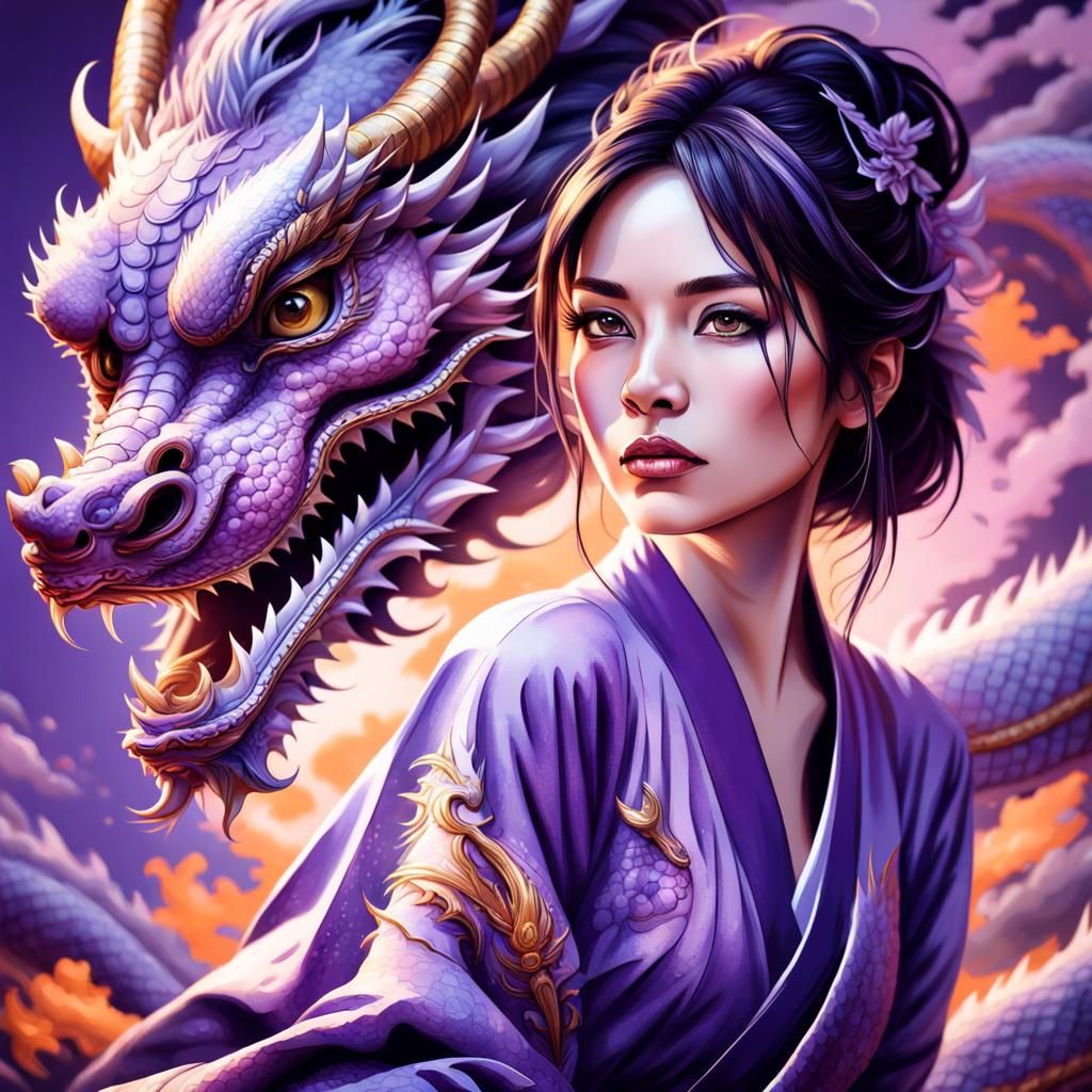 Purple Dragon and Lady in Japanese Clothes