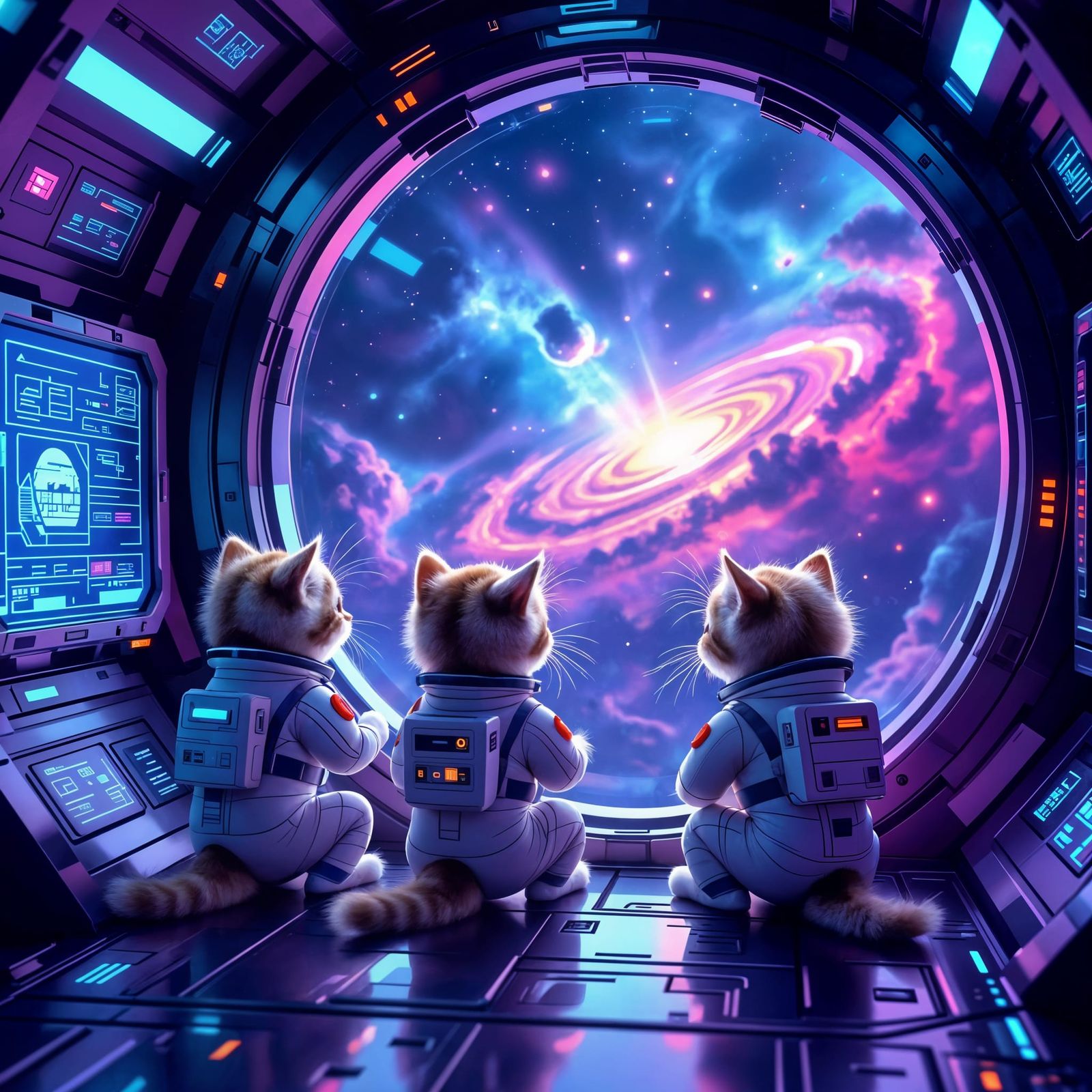 Kittens Explore Futuristic Space Station in Whimsical Nebula