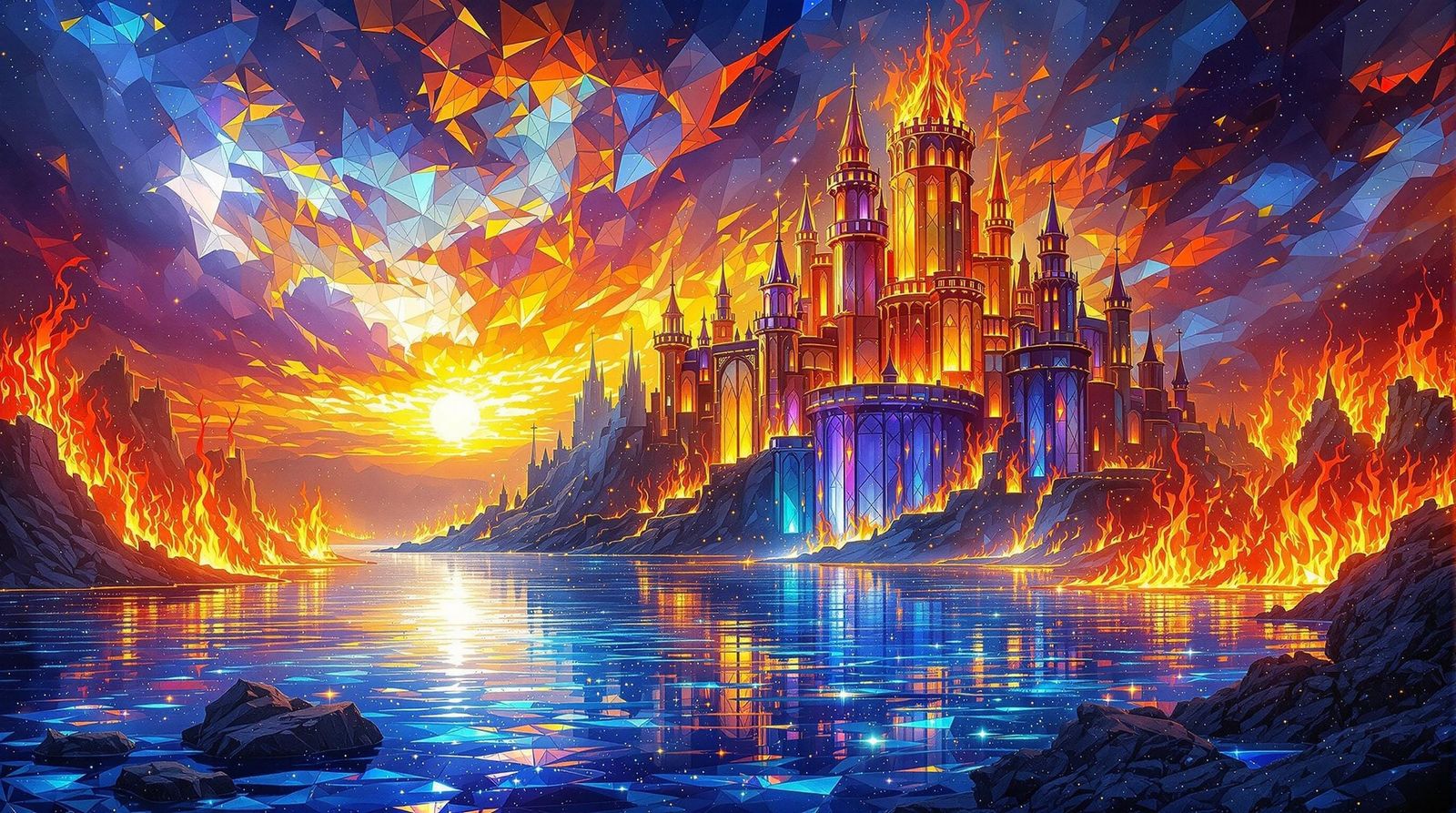 Luminous Stained Glass Castle on Burning Lake