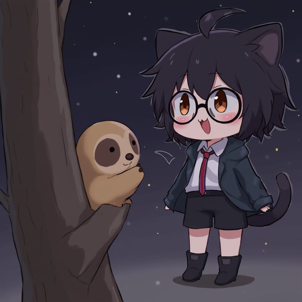Cute Anime Catboy Sees a Yellow Sloth Under Starry Night Sky