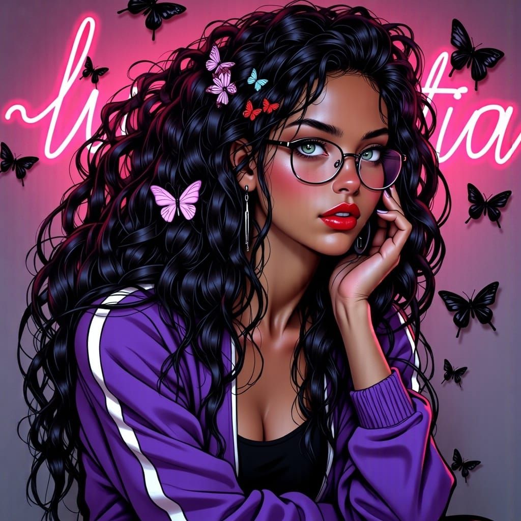 Lucretia Portrait with Butterflies and Neon Lights