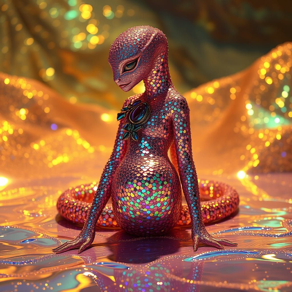 Surreal, High-Fashion Creature in Iridescent, Glittering Lan...