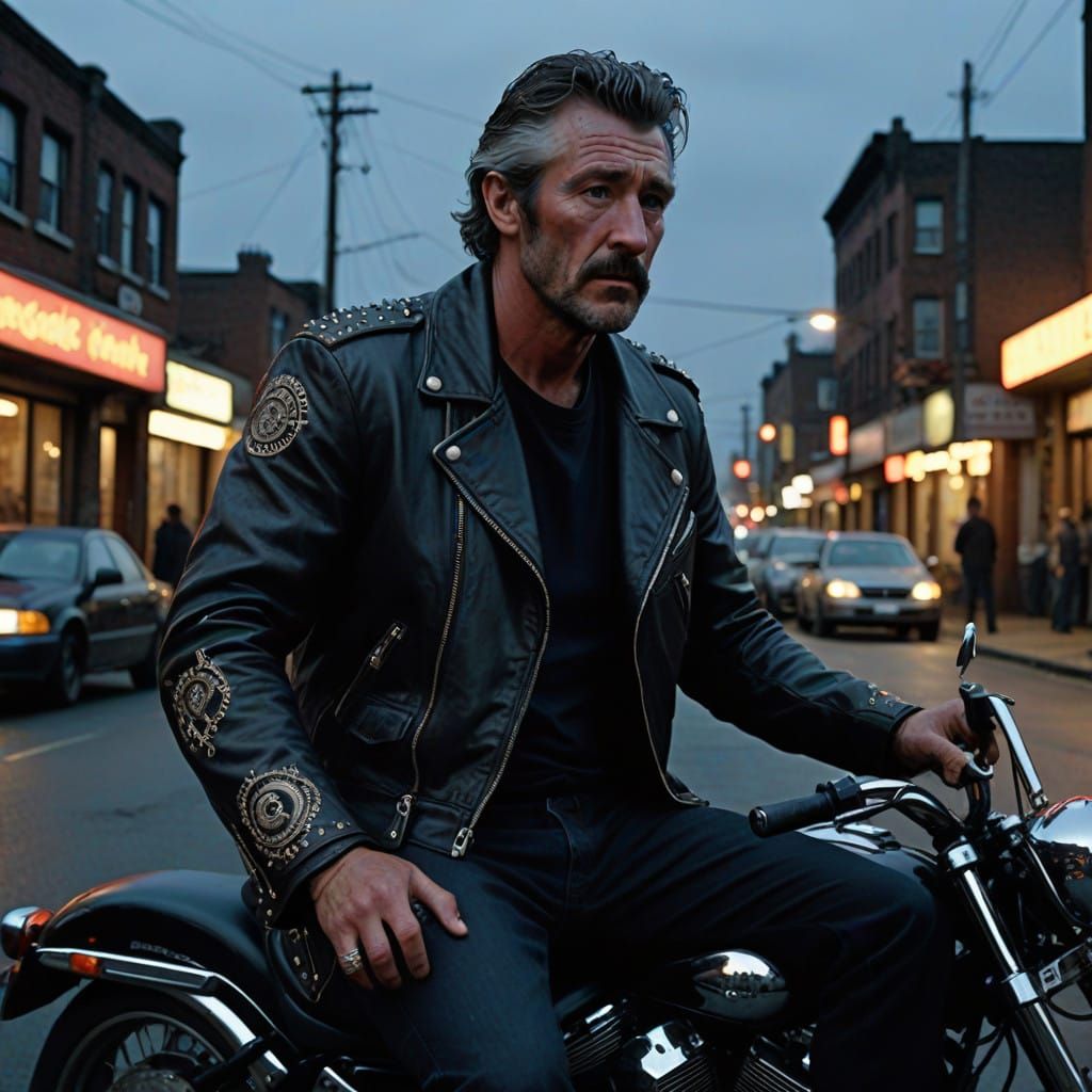 Tough Biker in Leather Jacket with Face Tattoos and Handleba...