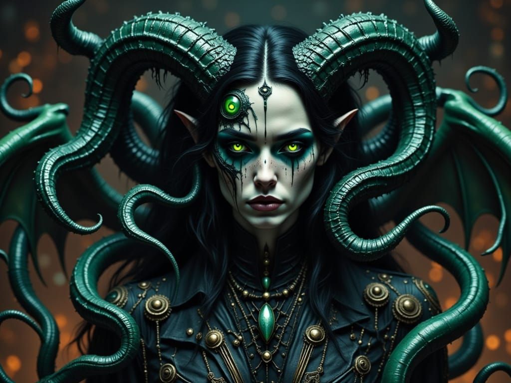 A Dark, Realistic Demoness with Twisted Horns and Glowing Gr...