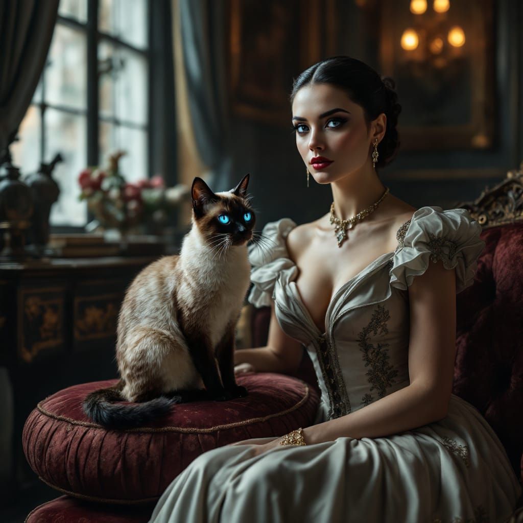 Regal Siamese Cat and Elegant Woman in Opulent Drawing-Room