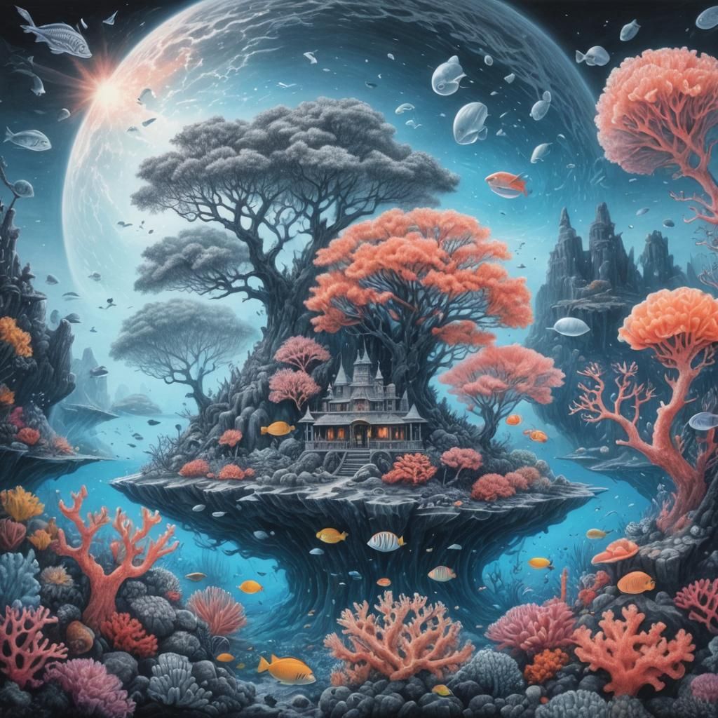 Fantasy World with Coral Trees in Charcoal