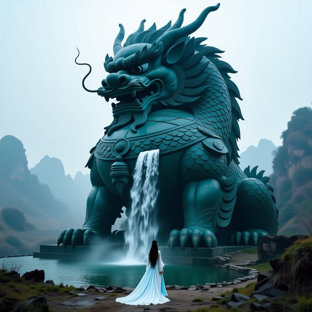 Dragon Waterfall with Hesitant Princess: Pre-Raphaelite Phot...