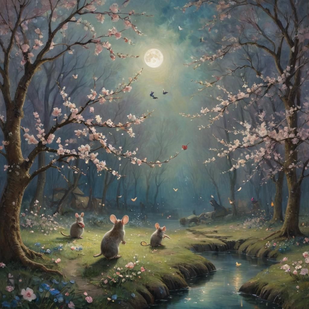 Mice and Cherry Blossoms in Whimsical Forest