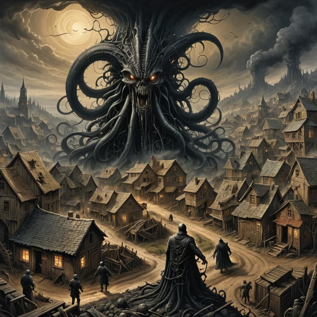 H.R. Giger inspired eldritch horror destroying a village. ho...