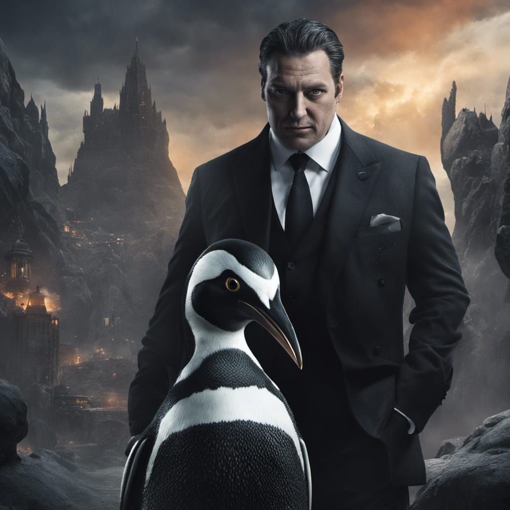 Menacing Penguin in Suit with Magical Background