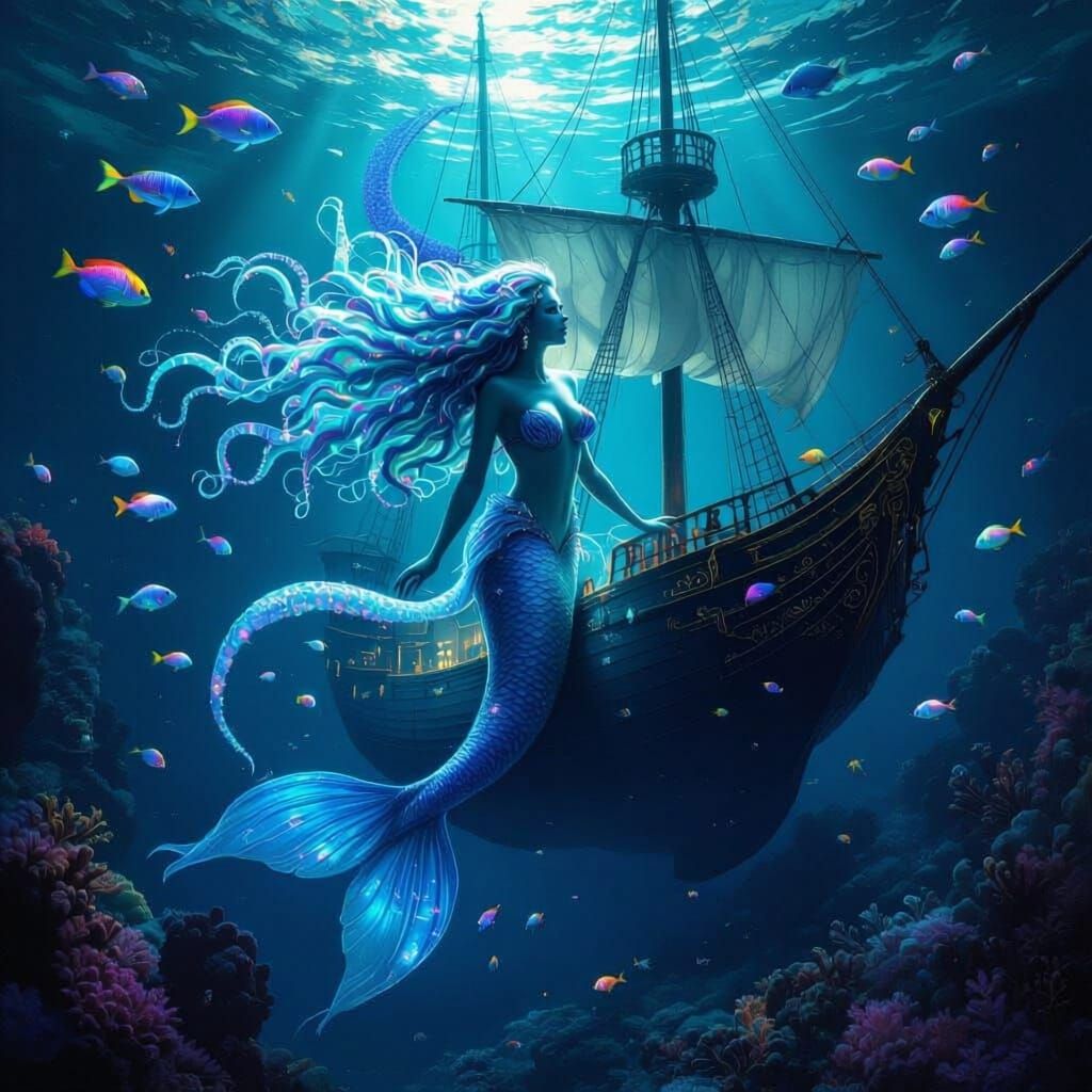 Mermaid with Tentacle Hair Sinks Clipper Ship
