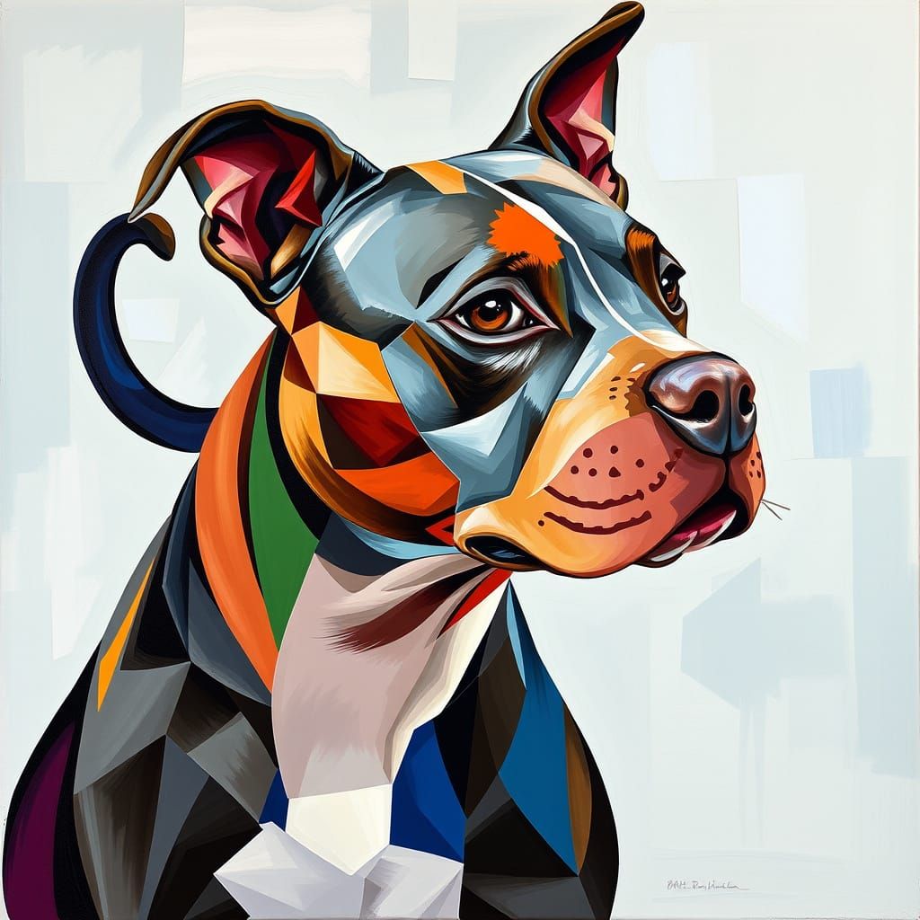 Cubist Pit Bull in Kaleidoscope of Colors, Adoring Viewers w...