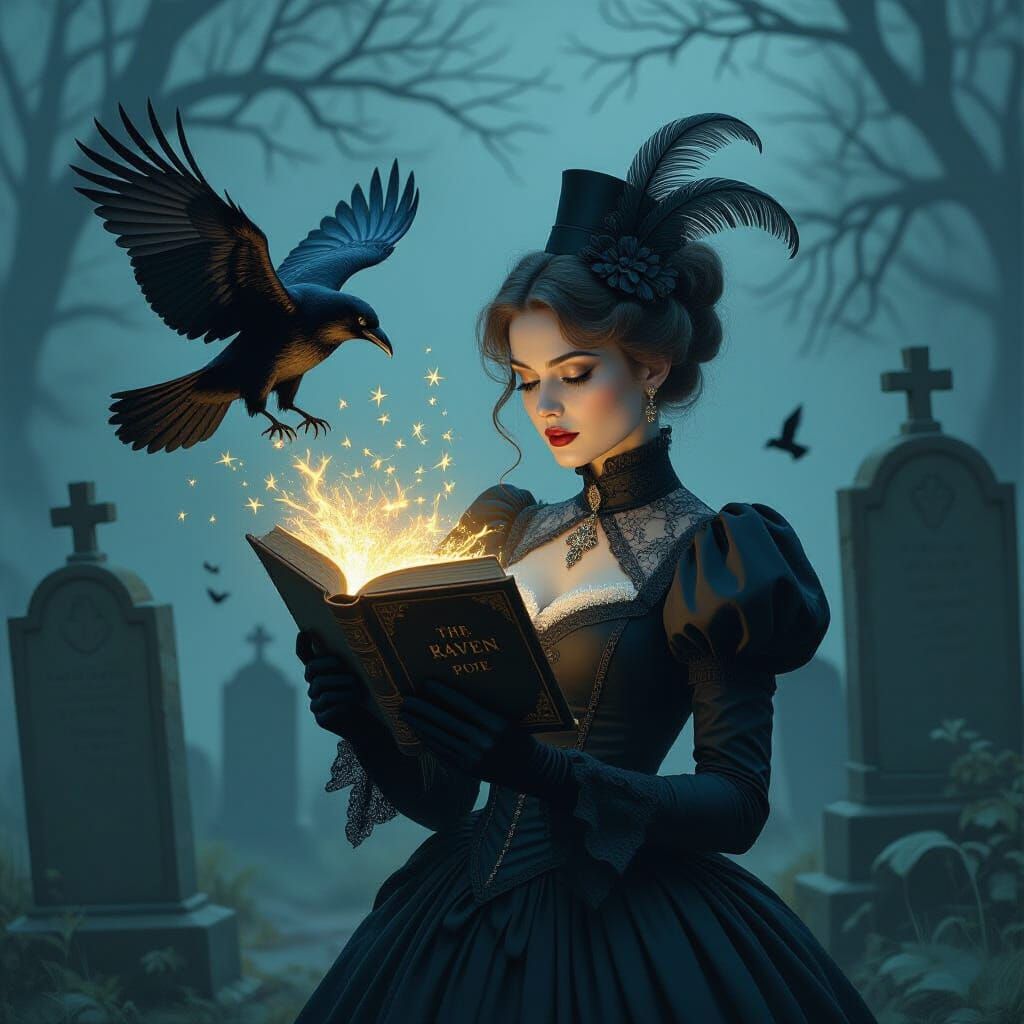 Raven Emerges from Book in Surrealist Style