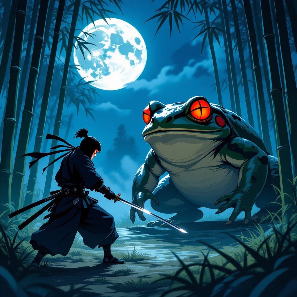 Ninja Battles Giant Mutant Frog in Moonlit Bamboo Forest