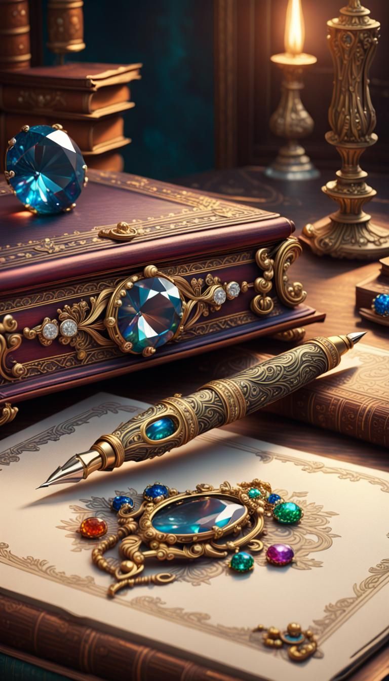 Diamond Pen and Book on Antique Desk
