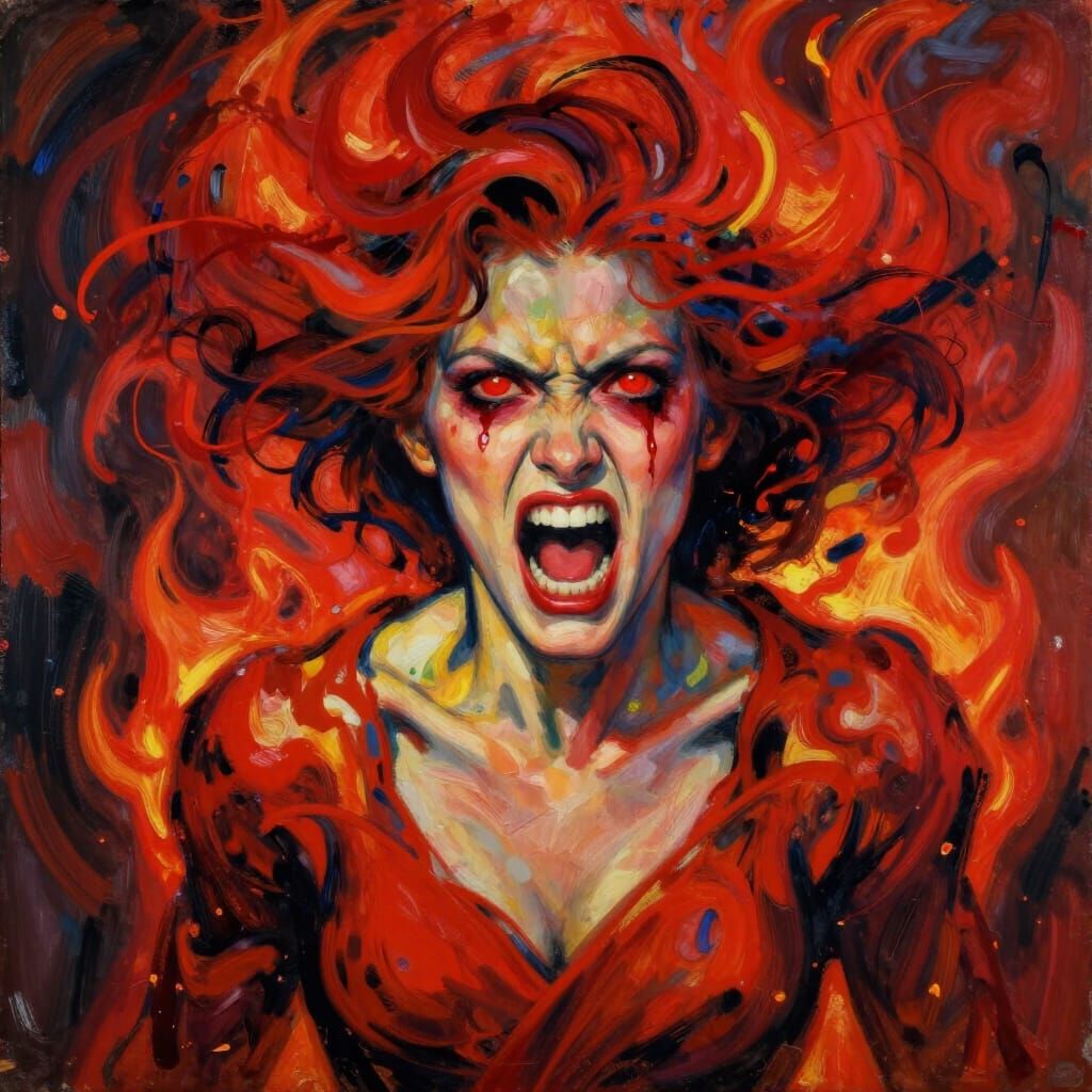 Furious Woman Shouting Amidst Fiery Red Expressionist Swirls