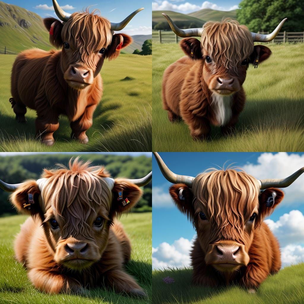Fluffy Highland Calf on Grassy Knoll, Hyperrealistic
