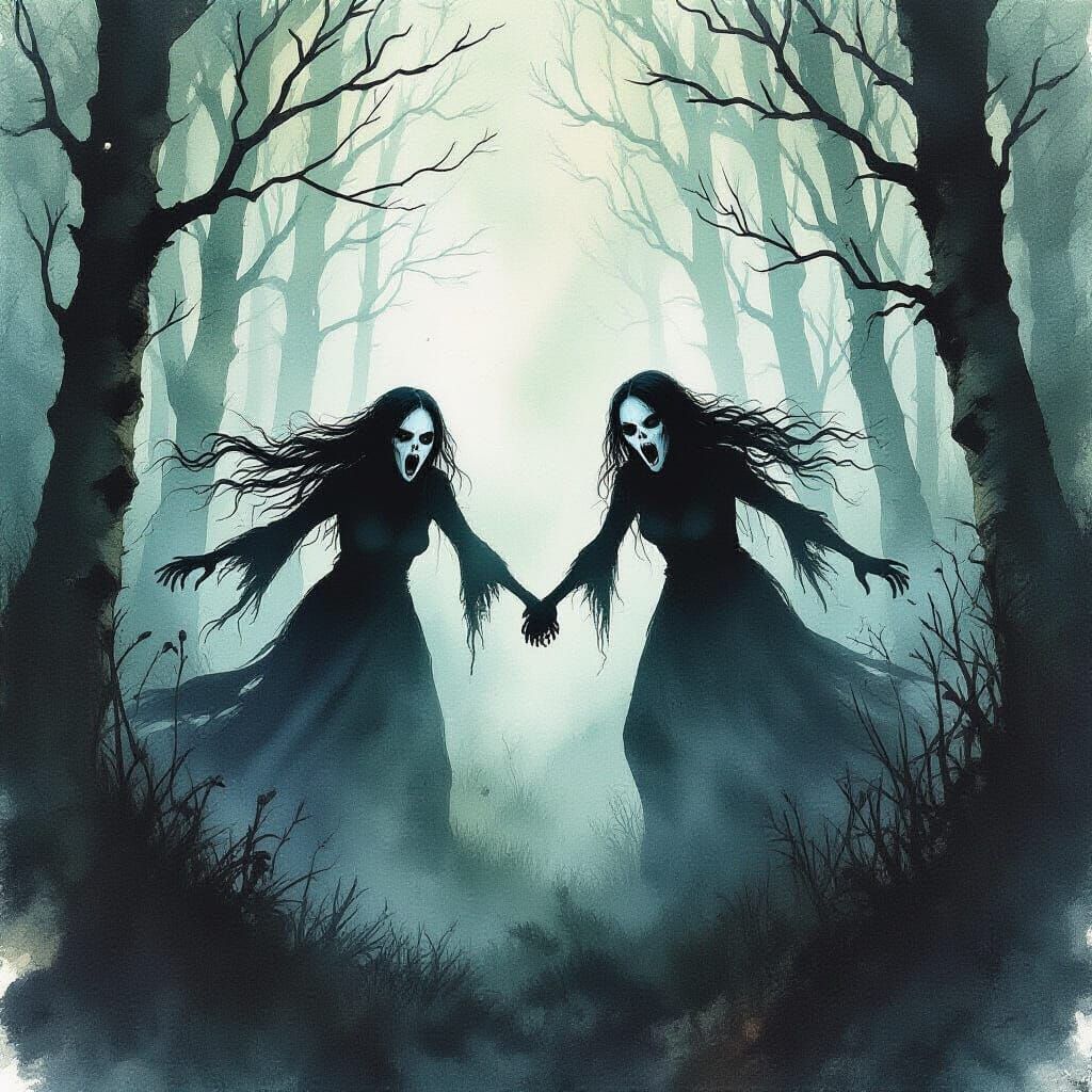 Creepy Banshees Emerge From Forest in Watercolor Style