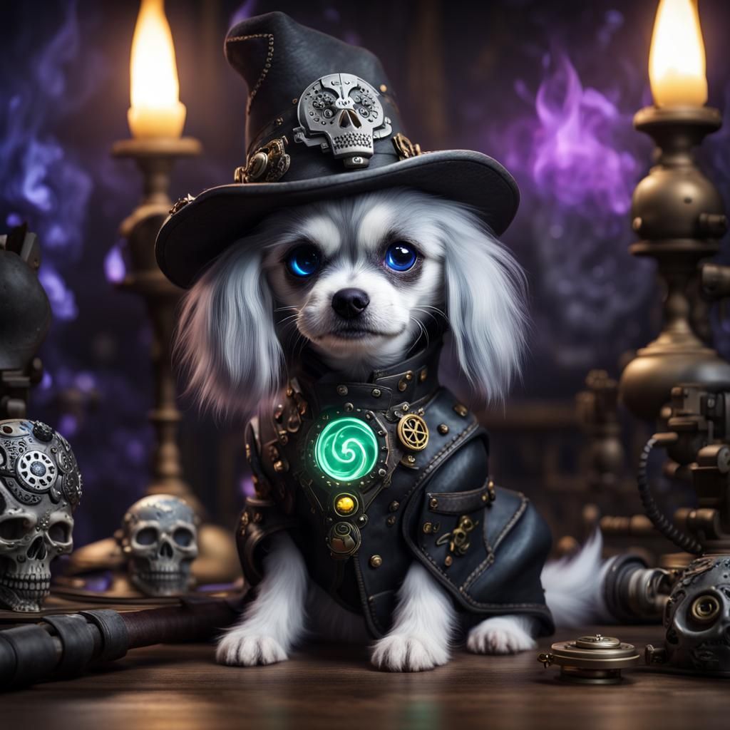 Puppy Sorcerer with Sugar Skull in Steampunk Workshop
