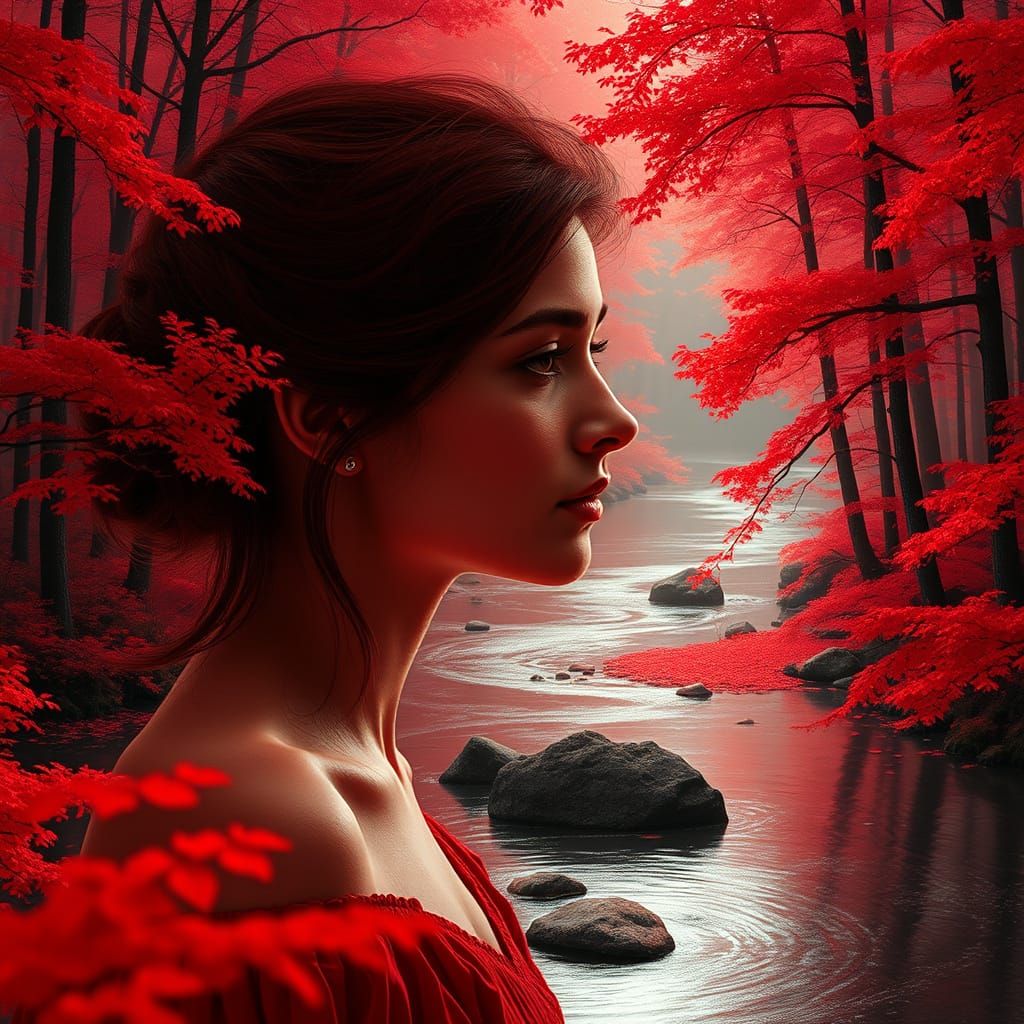 Hyperrealistic Woman in a Vibrant Red Forest
