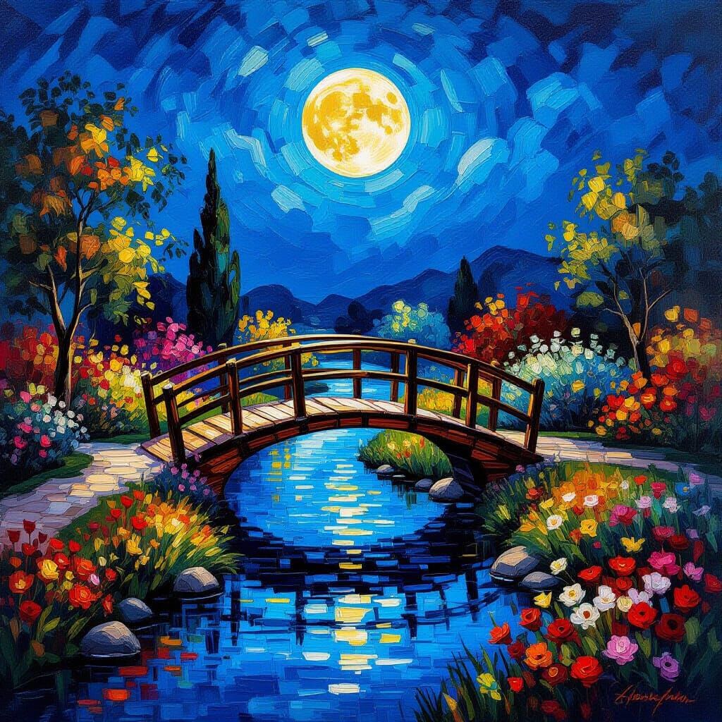 Moonlit Flower Garden Bridge in Impasto Style