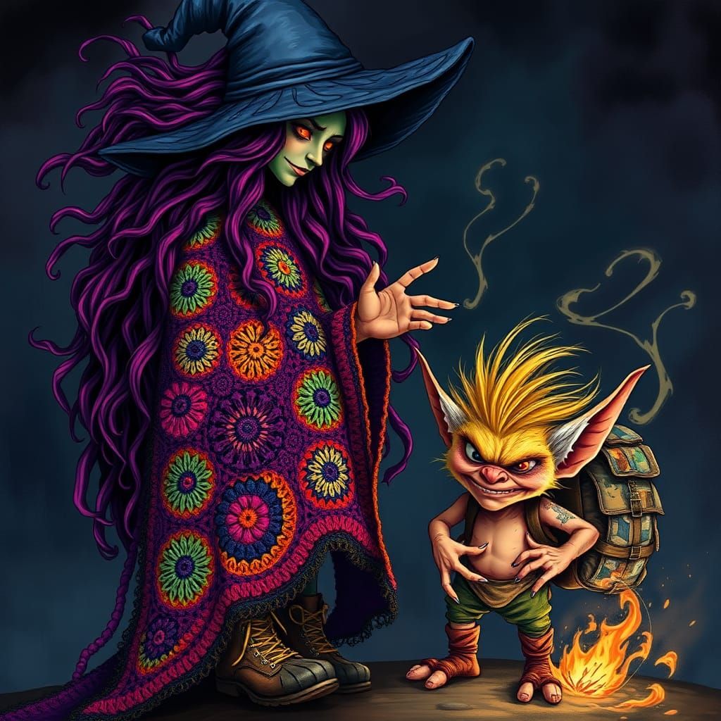 Enchanted Witch Confronts Mischievous Gremlin in Whimsical F...