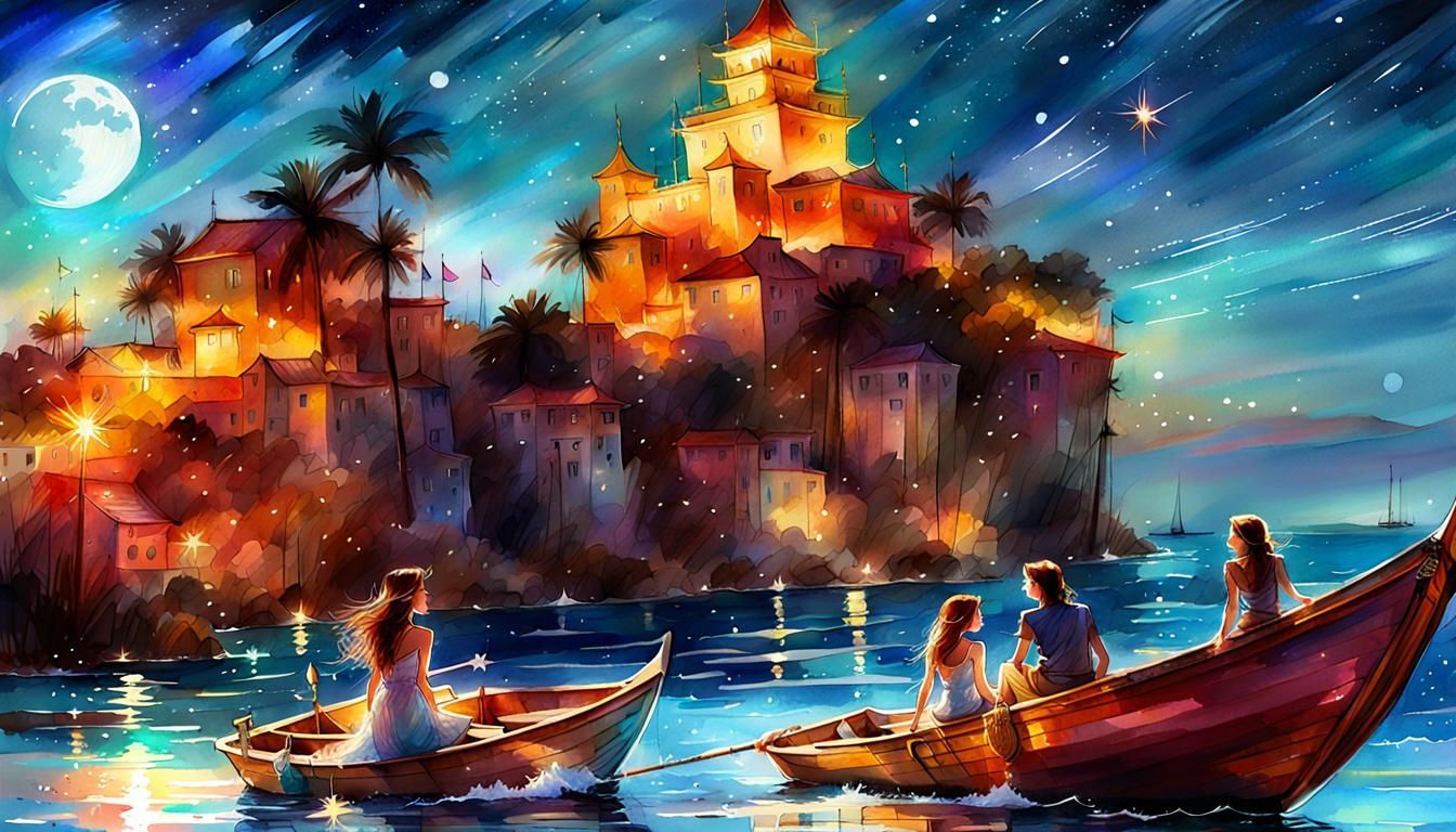 Boat on Moonlit Waters: Digital Watercolor Summerscape