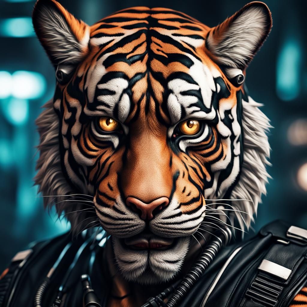 Cyberpunk Tiger Businessman Portrait in Hyperrealistic Style