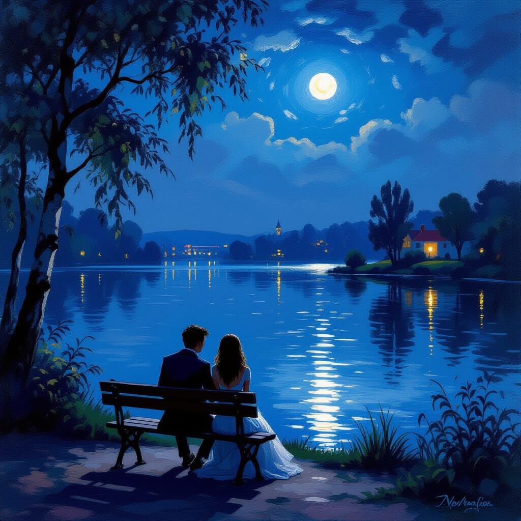 Romantic Couple's Lakeside Date by Moonlight