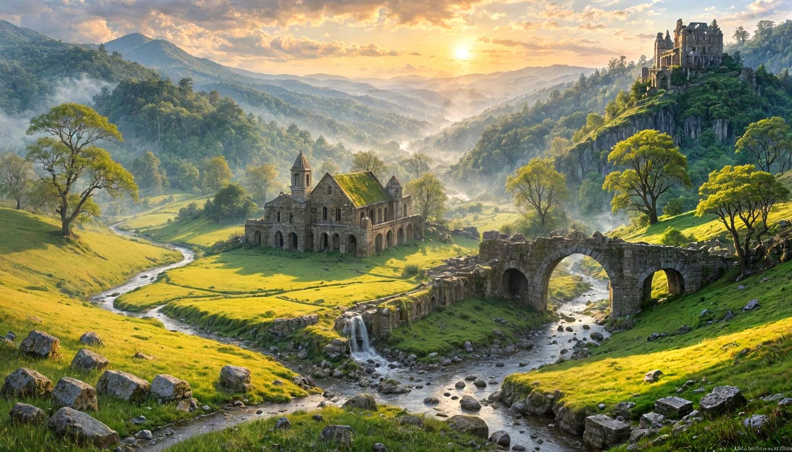 Ethereal Valley of Flowing Time and Ancient Ruins