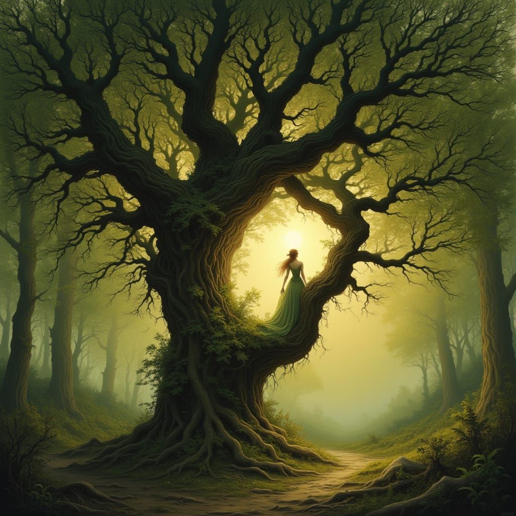 Dryad Emerges from Ancient Oak at Golden Hour