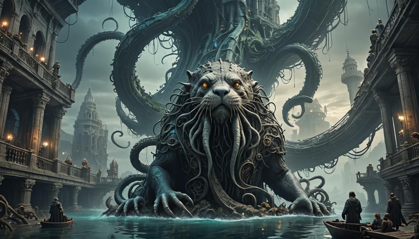 Otter Cthulhu Diving in Sunken City: Digital Matte Painting