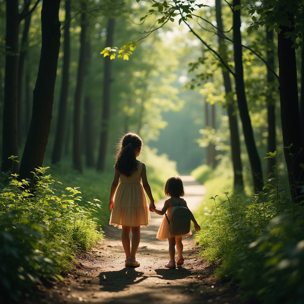 Sisters Walking in Forest: Cinematic Film Still