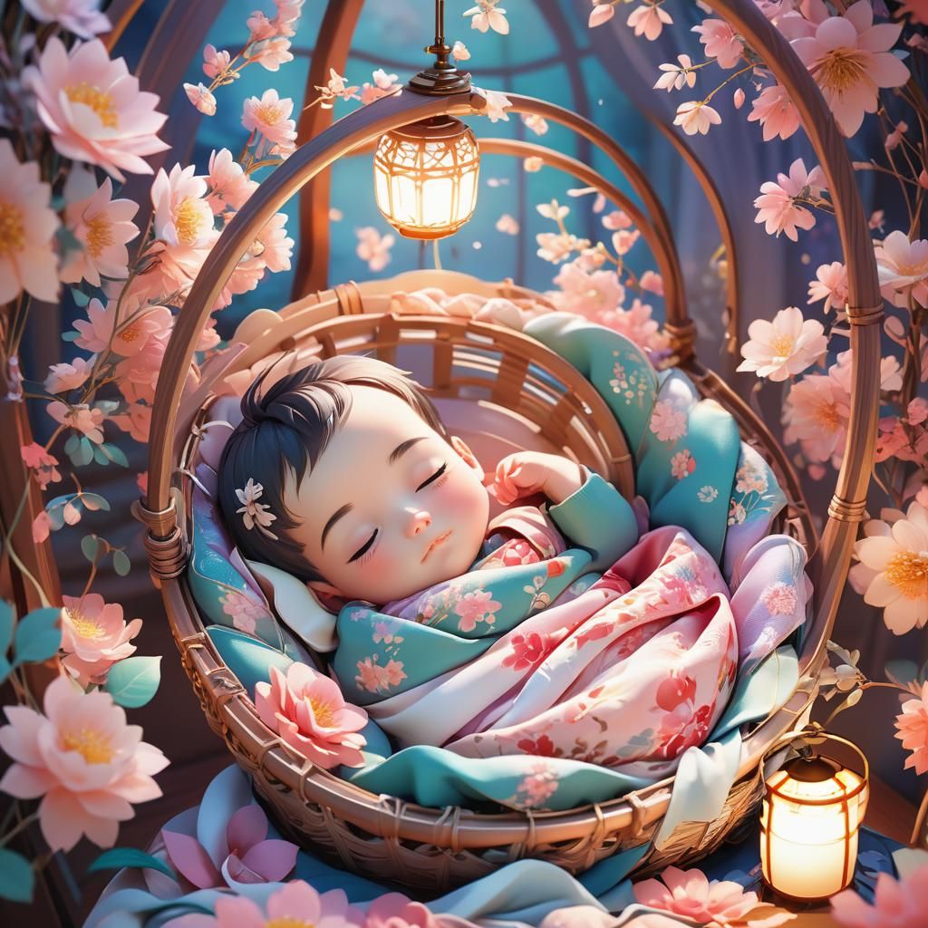 Baby Sleeping in Floral Cradle: 3D Anime Art