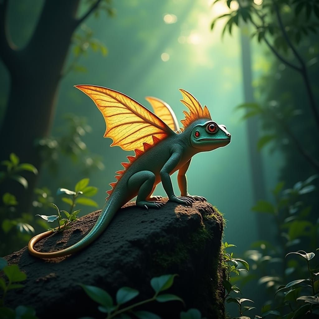 Leaf-Winged Lizard Emerges from Rainforest Cave