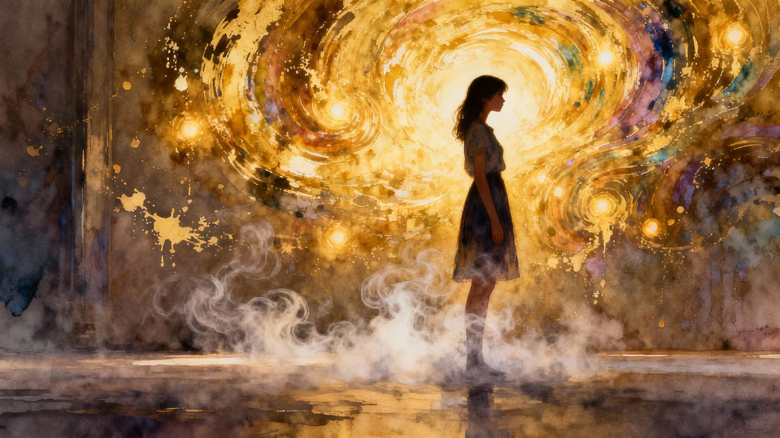 Woman Silhouetted in Swirling Golden Light