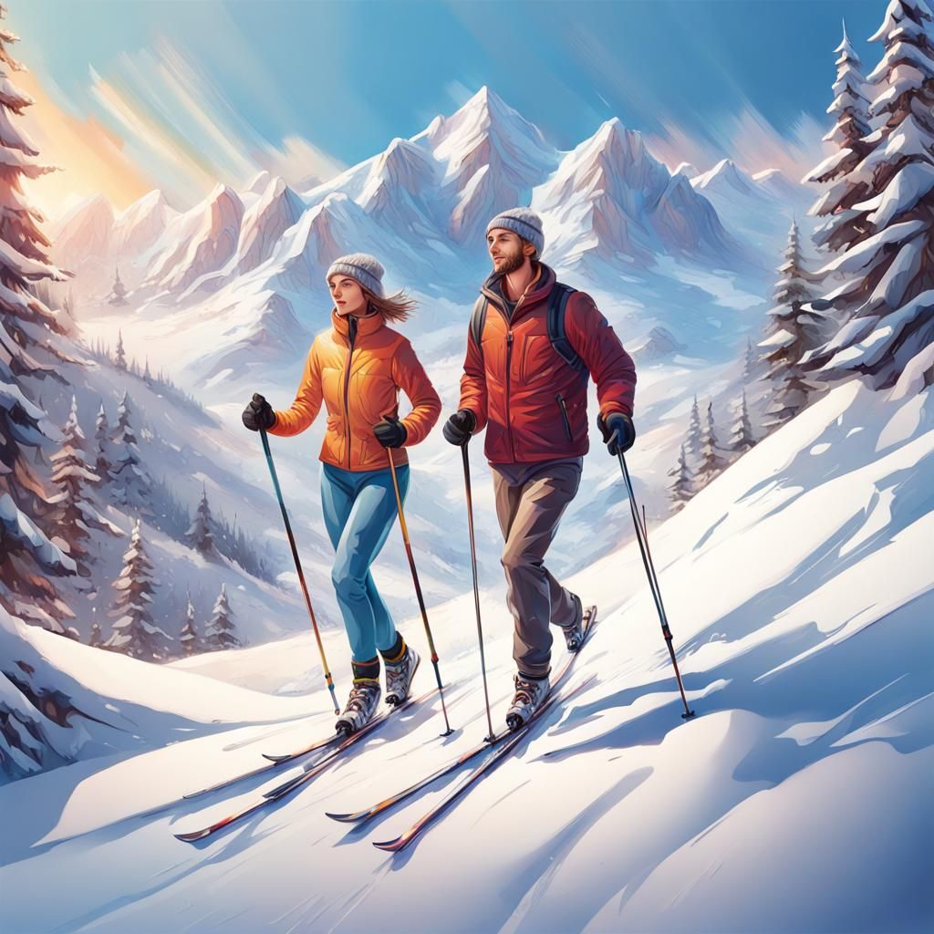 Alpine Skiing Couple: Hyperrealistic Splash Art